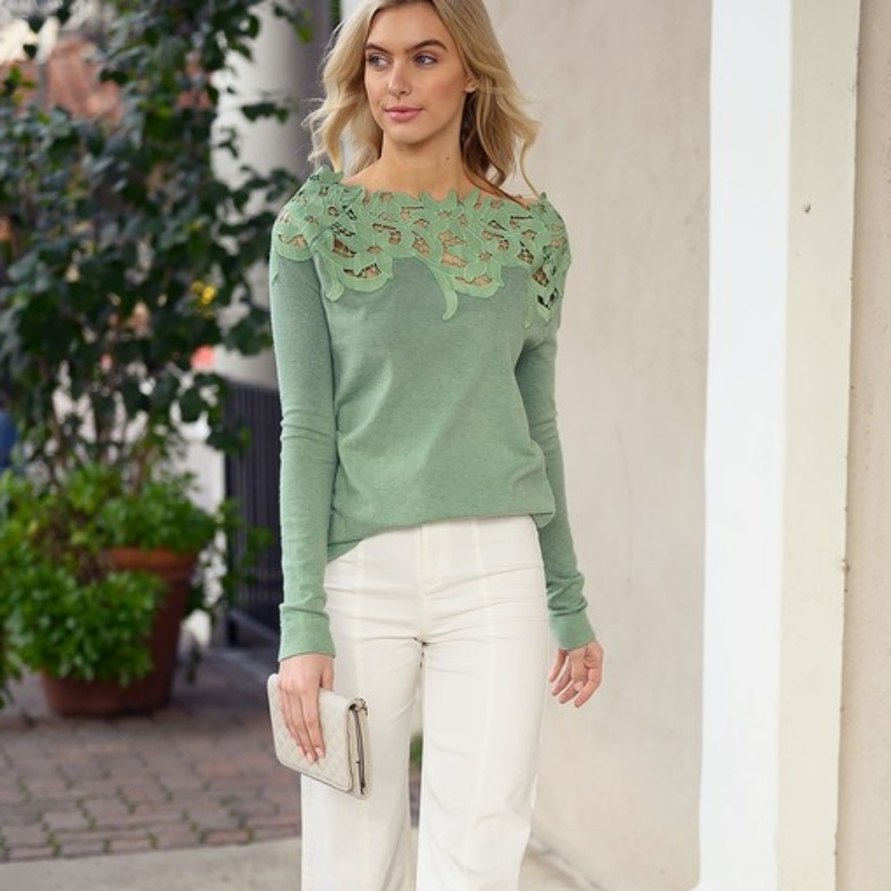 Lace Yoke Long-Sleeve Blouse - Sage Green - Picture 2 of 8